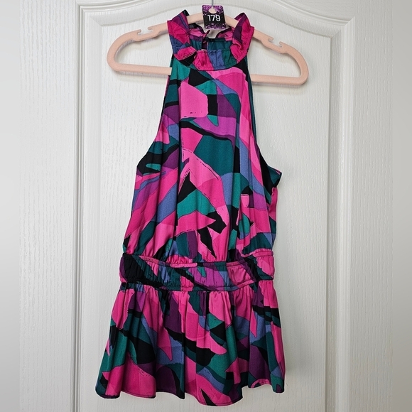 Women's Nine West Sleeveless Pleated Peplum Halter Top Pink Abstract XS - Picture 2 of 11